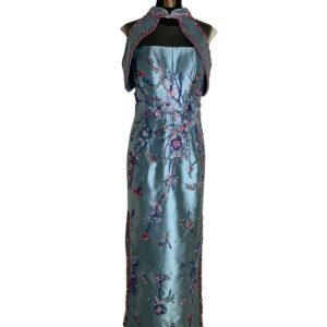 cheongsam blue motif bunga acara sangjit