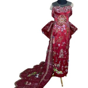 cheongsam merah pita motif bunga rumah hewan