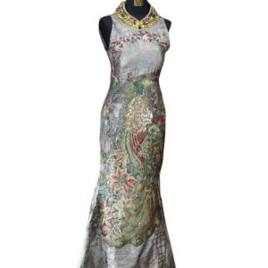 cheongsam silver motif bunga dan burung merak