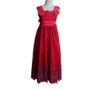 dress anak merah broklat sabuk organza bunga ketiak pesta