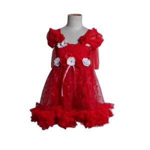 dress anak merah tile bunga besar ruffle bawah pesta