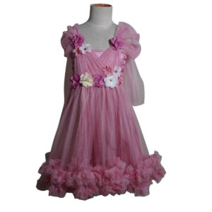 dress anak pink tile bunga besar ruffle bawah pesta
