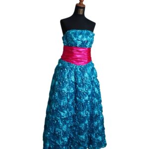 dress biru kombinasi pink bunga full kain melilit perut pesta presweet