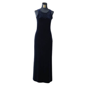 dress navy beludru tanpa lengan mutiara dada pesta remaja