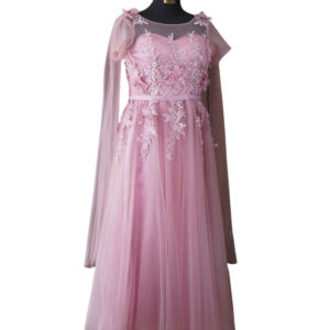 dress pink full broklat dada tile rok lengan pesta remaja