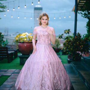 dress pink sweet 17 full payet lengan sabrina