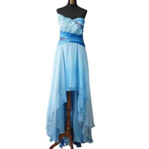 dress soft blue kombinasi biru tua graperi payet dada pinggang belahan pesta remaja