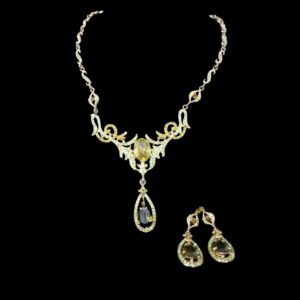 green gold ornate drop crystal necklace set house of hendrik