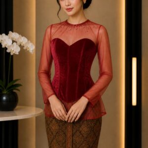 bluss tile merah korset beludru lengan panjang pesta