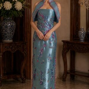 cheongsam blue motif bunga acara sangjit