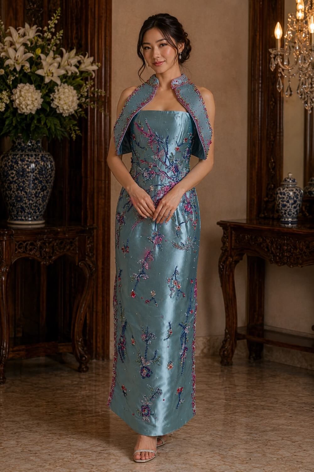 cheongsam blue motif bunga acara sangjit