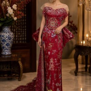 cheongsam merah pita motif bunga rumah hewan
