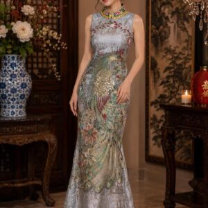 cheongsam silver motif bunga dan burung merak