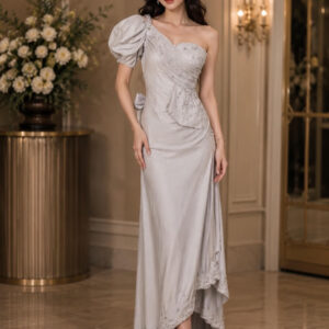 dress abu abu full payet dada lengan pita belakang sweet 17 pesta remaja