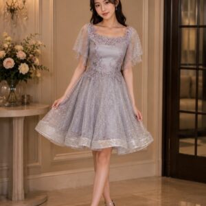 dress abu abu gliter broklat dada pinggang tile rok lengan pesta remaja