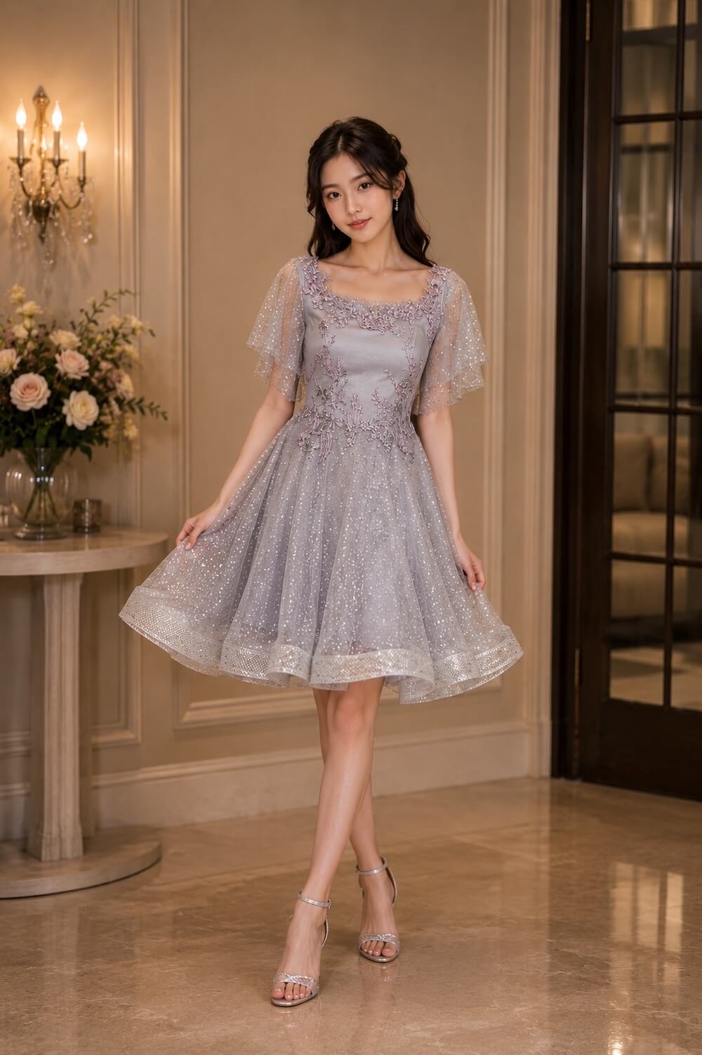 dress abu abu gliter broklat dada pinggang tile rok lengan pesta remaja