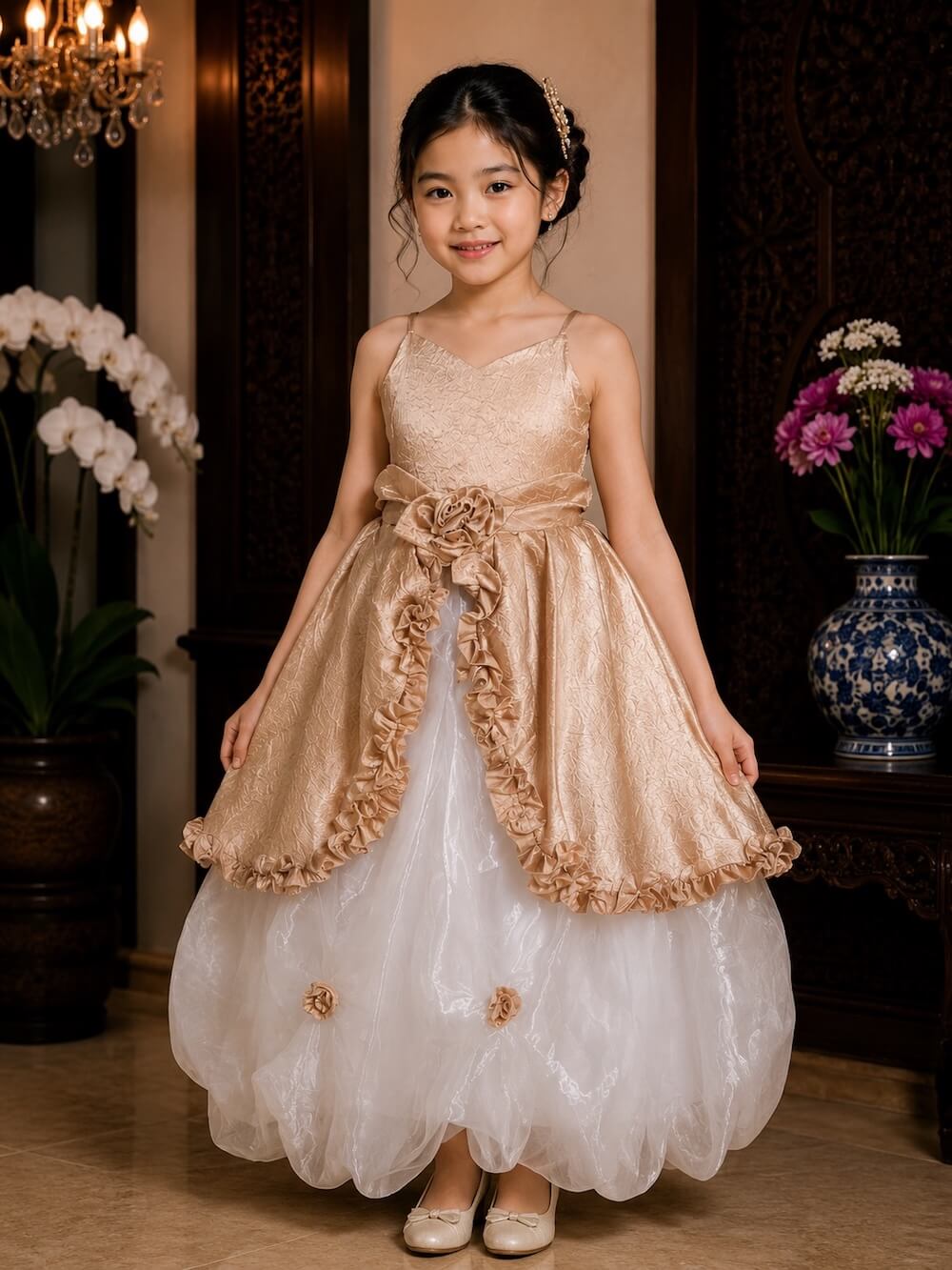 dress anak coklat putih bunga perut organza rok pesta