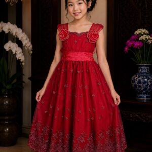 dress anak merah broklat sabuk organza bunga ketiak pesta