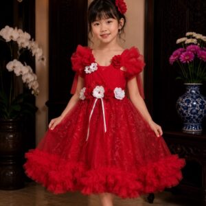 dress anak merah tile bunga besar ruffle bawah pesta