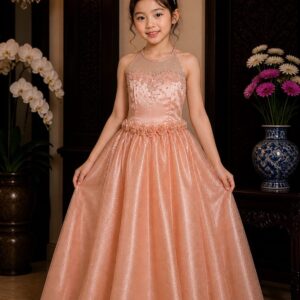 dress anak orange payet broklat dada bunga pinggang tile gliter pesta