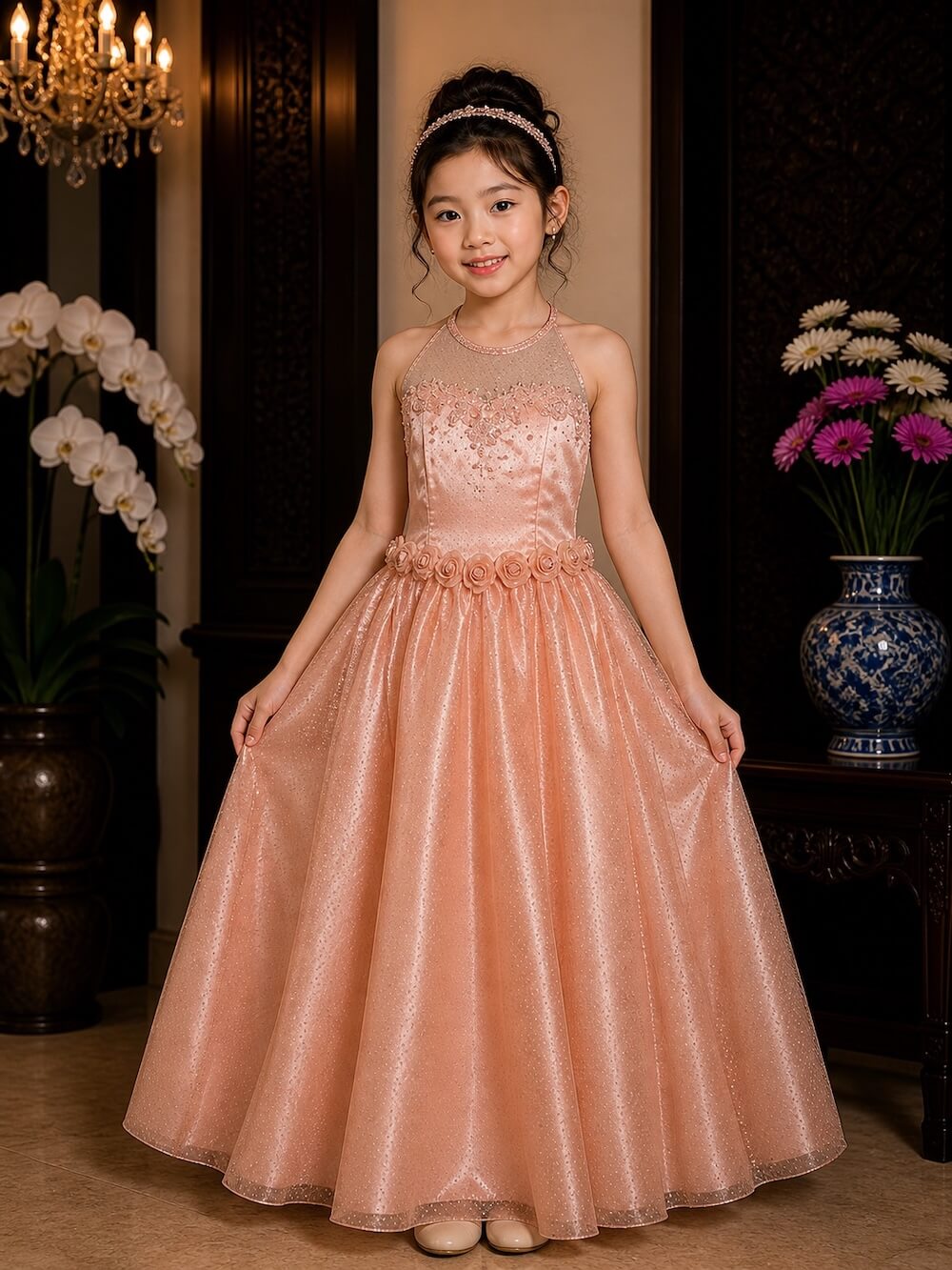 dress anak orange payet broklat dada bunga pinggang tile gliter pesta