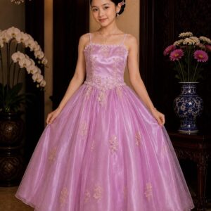 dress anak pink broklat payet dada rok tile gliter full pesta