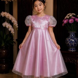 dress anak pink payet bunga leher dada couple pesta