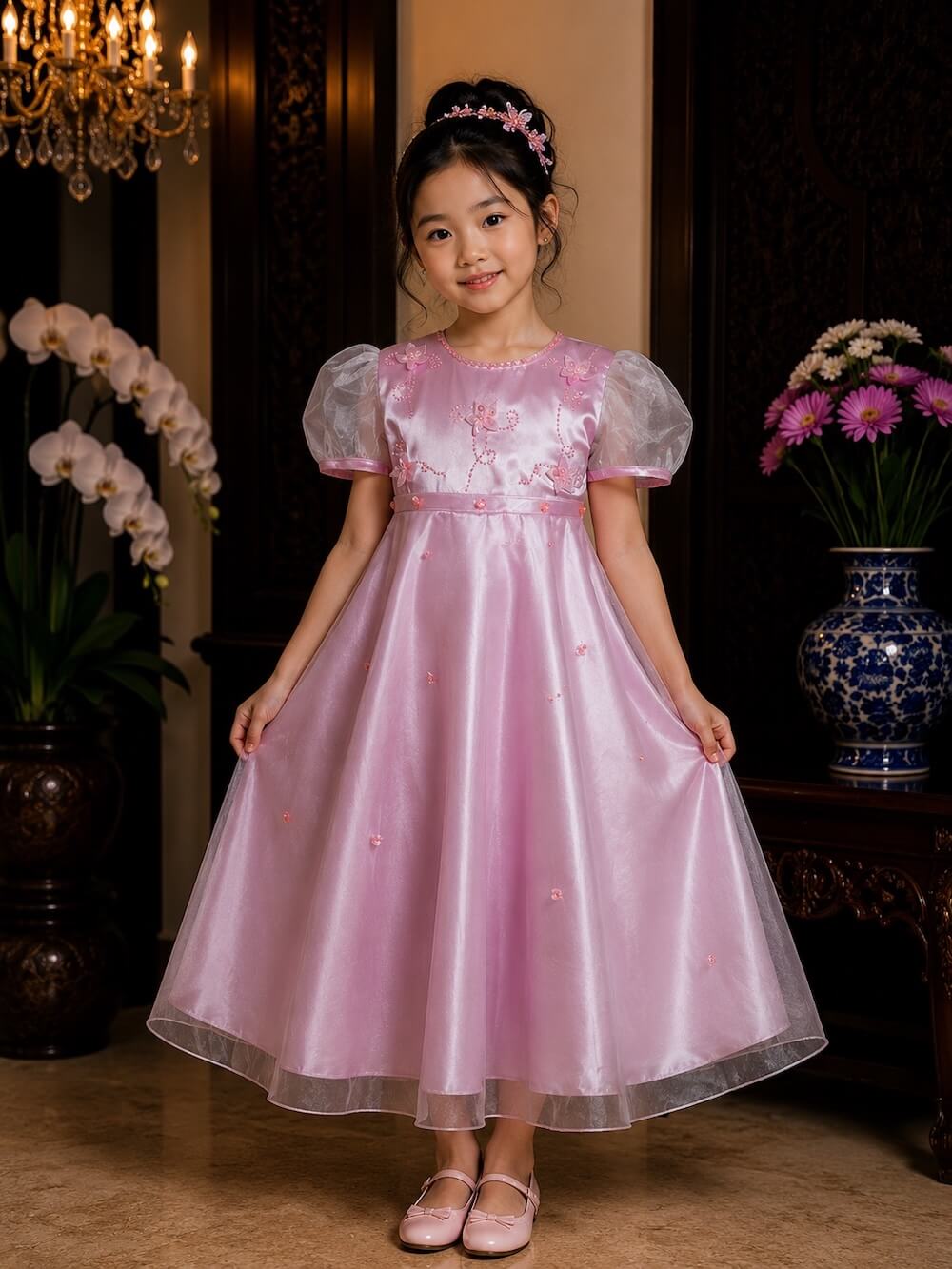 dress anak pink payet bunga leher dada couple pesta