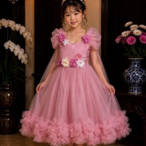 dress anak pink tile bunga besar ruffle bawah pesta