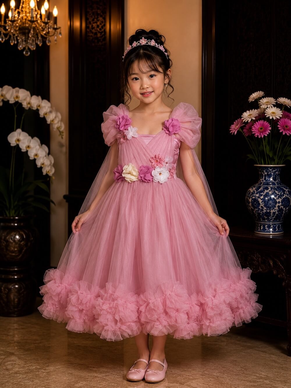 dress anak pink tile bunga besar ruffle bawah pesta