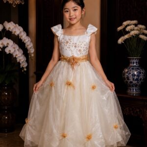 dress anak putih gold bunga perut payet dada organza rok pesta