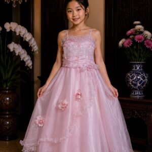 dress anak soft pink graperi dada organza payet bunga rok pesta