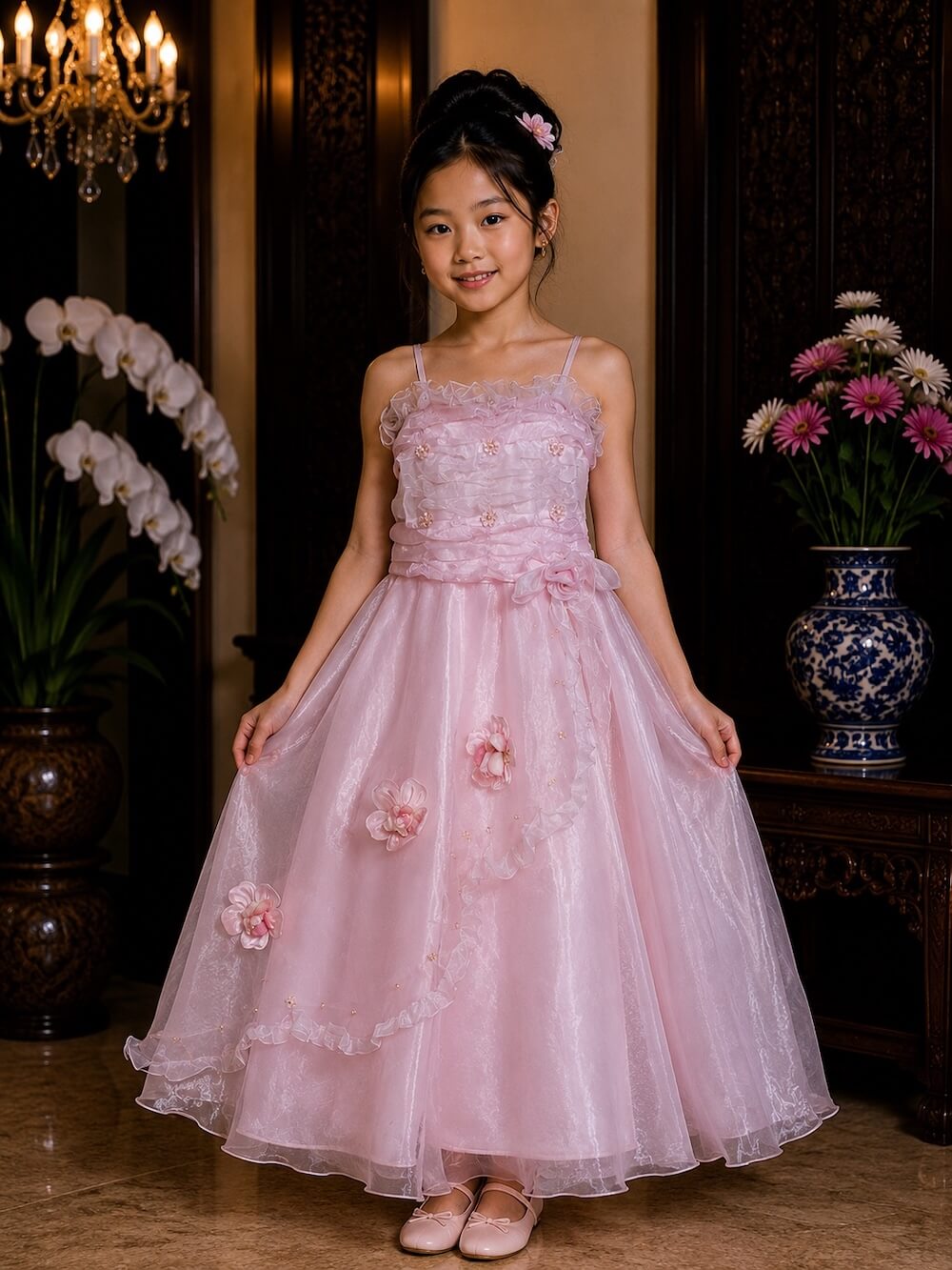 dress anak soft pink graperi dada organza payet bunga rok pesta