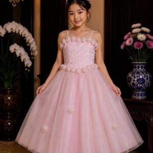 dress anak soft pink tile bunga payet dada pinggang pesta