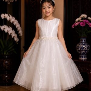 dress anak tutu putih organza bunga sabuk pinggang pesta