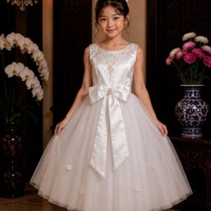 dress anak tutu putih pita perut payet dada pesta