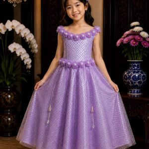 dress anak ungu bunga dada lengan pinggang tile gliter pesta