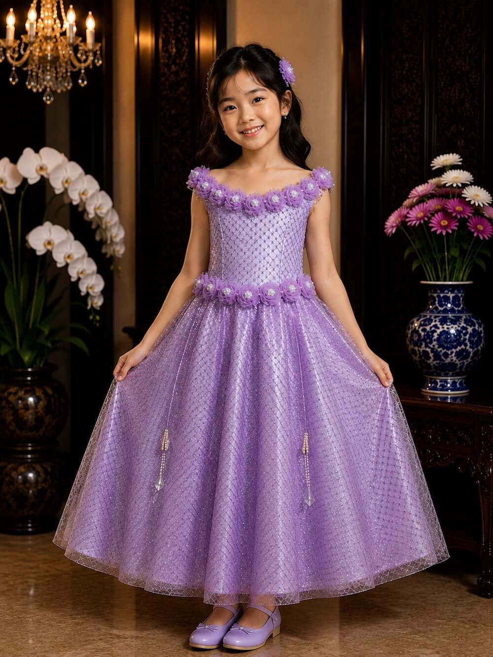 dress anak ungu bunga dada lengan pinggang tile gliter pesta