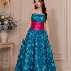 dress biru kombinasi pink bunga full kain melilit perut pesta presweet