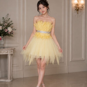 dress bulu bulu pendek rumbai rok payet pinggang pilihan kuning pesta presweet remaja
