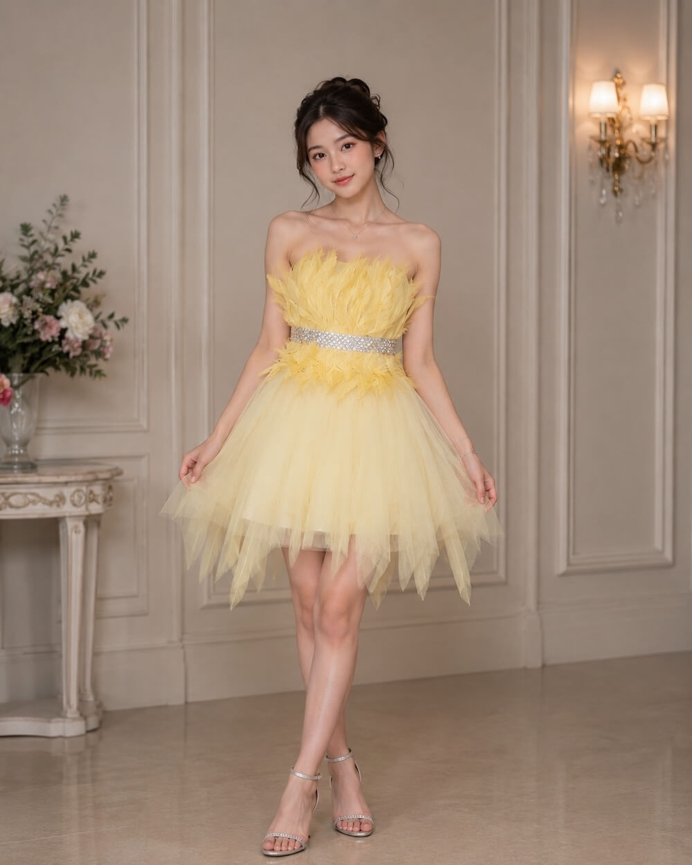 dress bulu bulu pendek rumbai rok payet pinggang pilihan kuning pesta presweet remaja