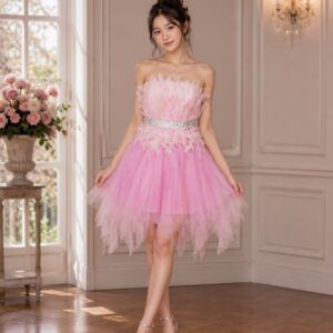 dress bulu bulu pendek rumbai rok payet pinggang pilihan pink pesta presweet remaja