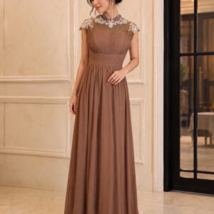 dress coklat full broklat dada payet leher graperi pinggang pesta remaja