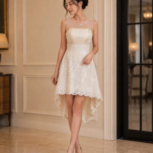 dress cream broklat payet mutiara leher dada belahan pesta remaja