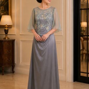 dress mama abu abu broklat dada payet leher pesta