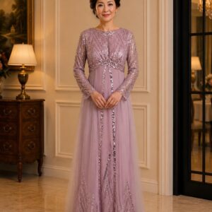 dress mama dusty pink lengan panjang payet dada rok pesta
