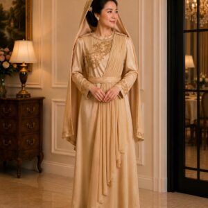 dress mama gamis gold broklat payet dada pergelangan tangan pesta