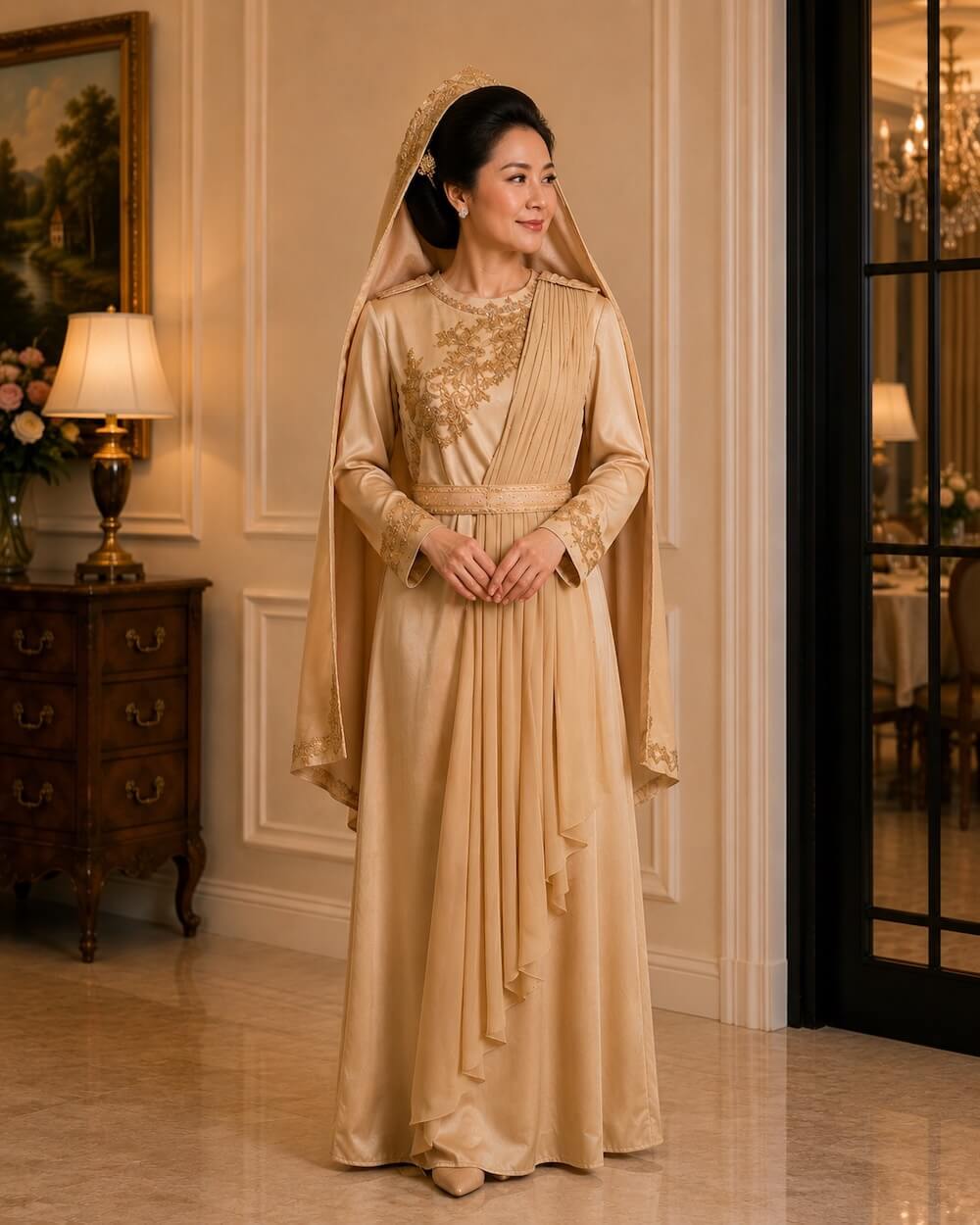 dress mama gamis gold broklat payet dada pergelangan tangan pesta