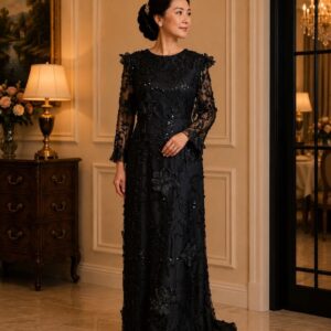 dress mama hitam bunga 3d lengan panjang pesta