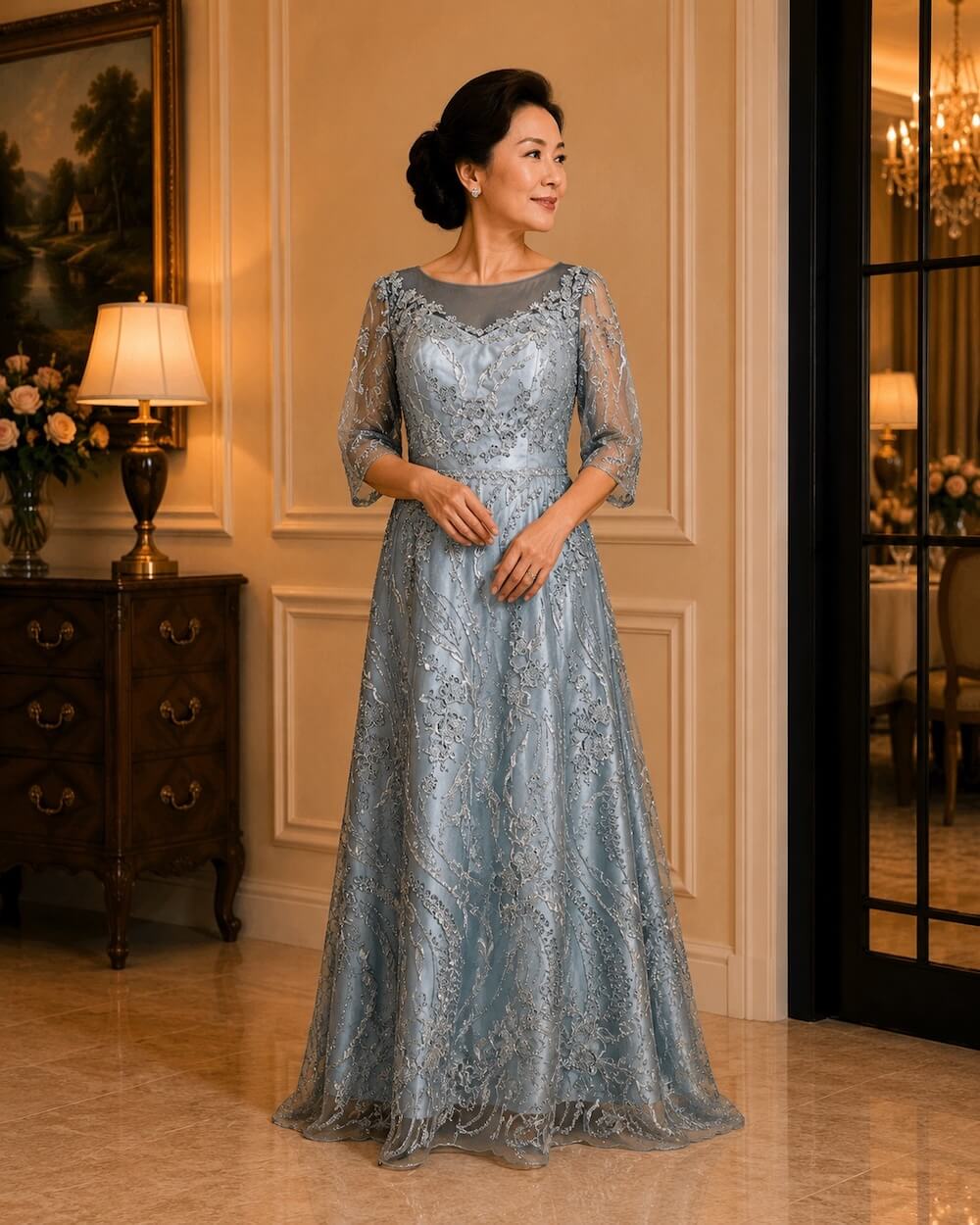 dress mama ice blue broklat full gaun pesta